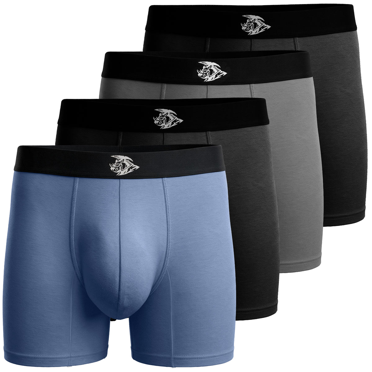 Bóxer ajustado de bambú, 7 pulgadas, sin abertura, 4 unidades, negro/negro/azul/gris