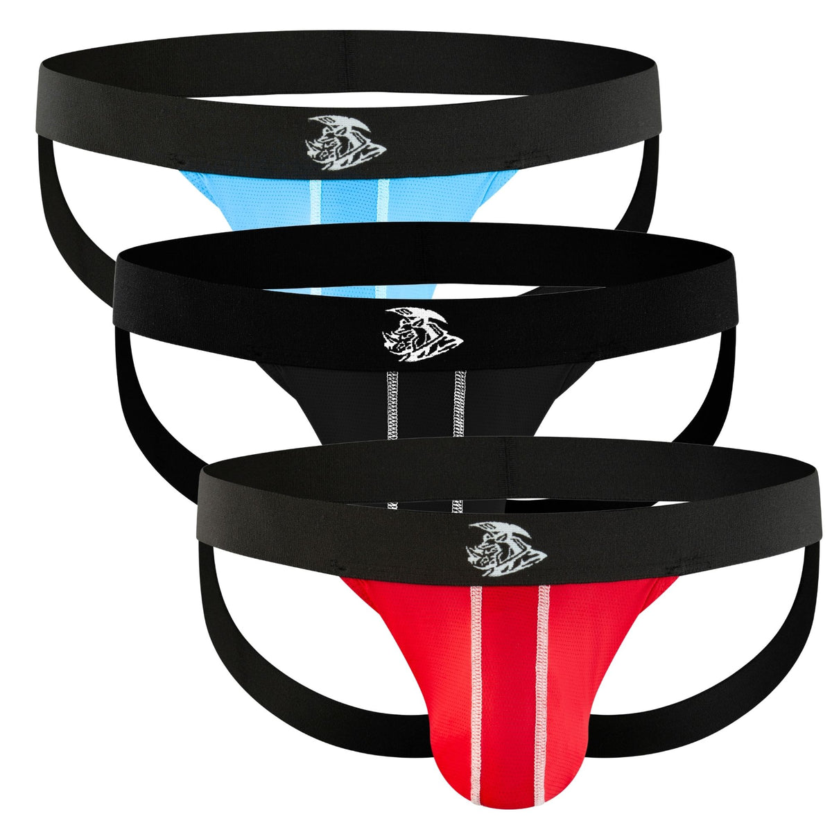 Nylon 0in Mesh Jockstrap No Fly 3pk Black/Light Blue/Red