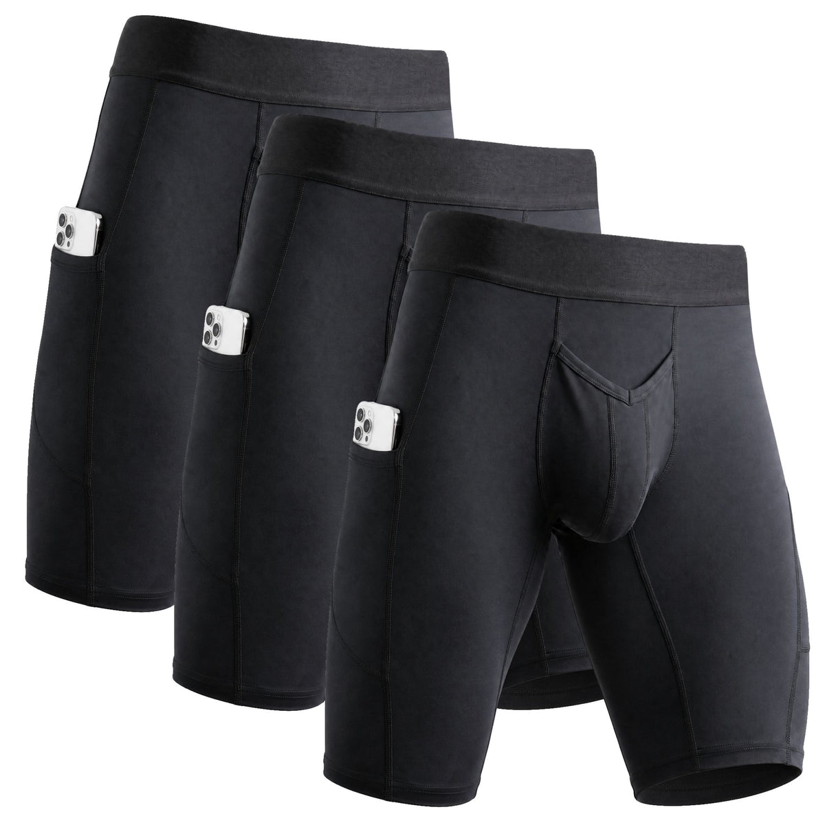 Calzoncillos bóxer de nailon cepillado de 30,48 cm con bragueta en V, 3 unidades, negros