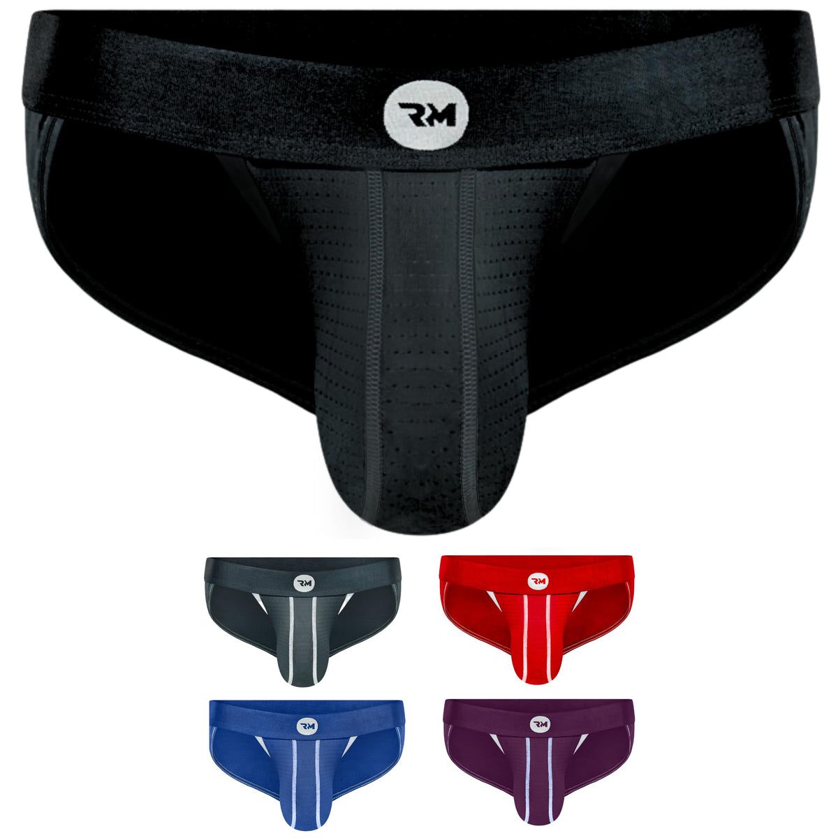 rnmac.com men's athletic jock briefs in black, grey, red, blue, and purple.